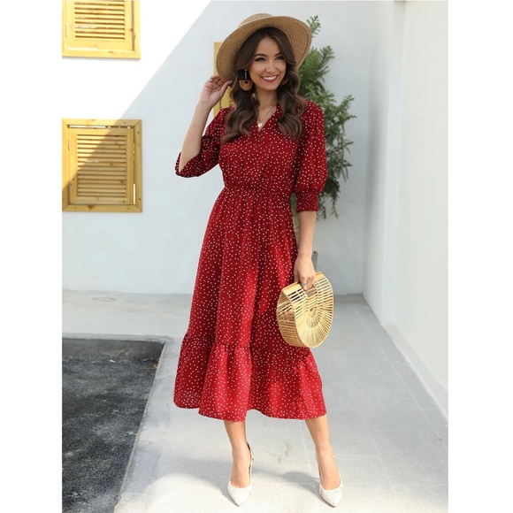Polka Dot Red Midi Dress V-Neck Half Sleeve - Picture 3 of 7